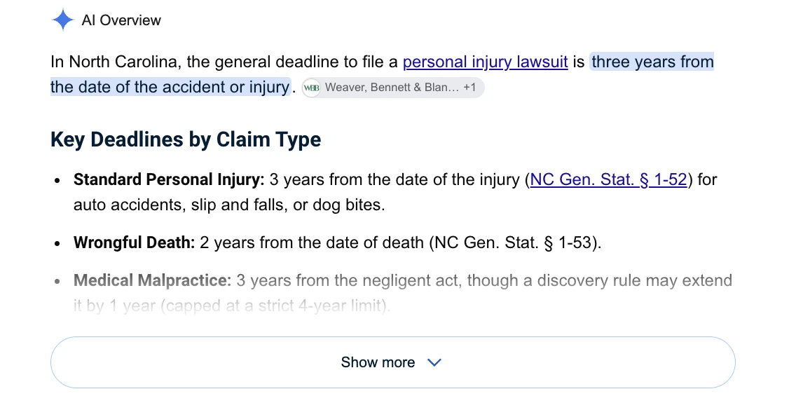 Google AI Overview answering a personal injury deadline query with a state-specific deadline, statute citations, and a law firm cited as the source