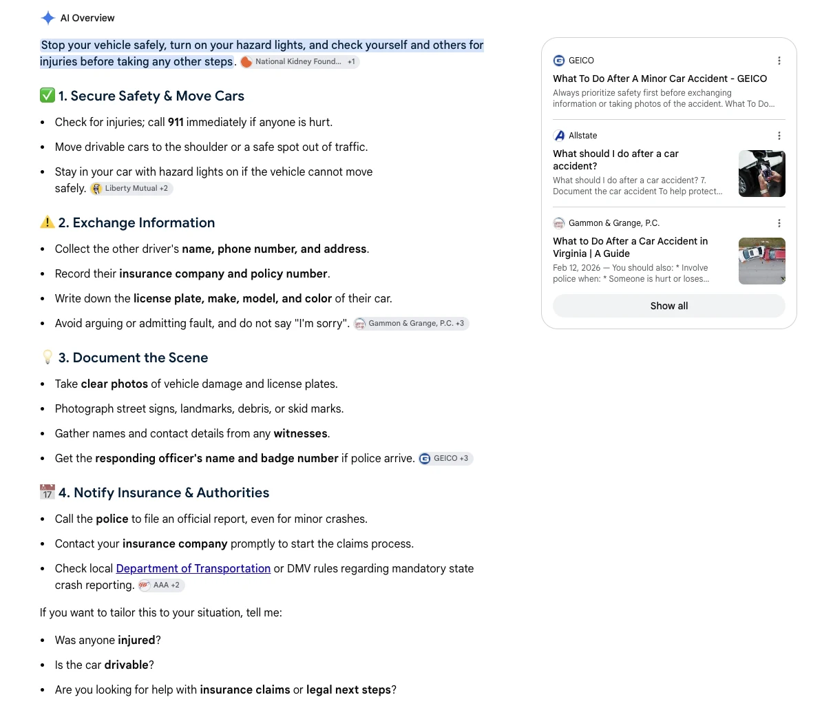 Google AI Overview for the search what to do after a car accident, answering in four steps with citations to insurers and one law firm, and a source panel on the right