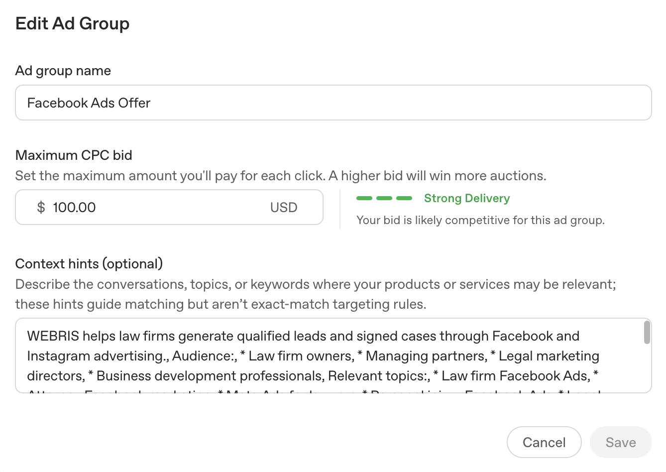 Setting up an ad group inside ChatGPT's ad builder, with audience targeting and context hints