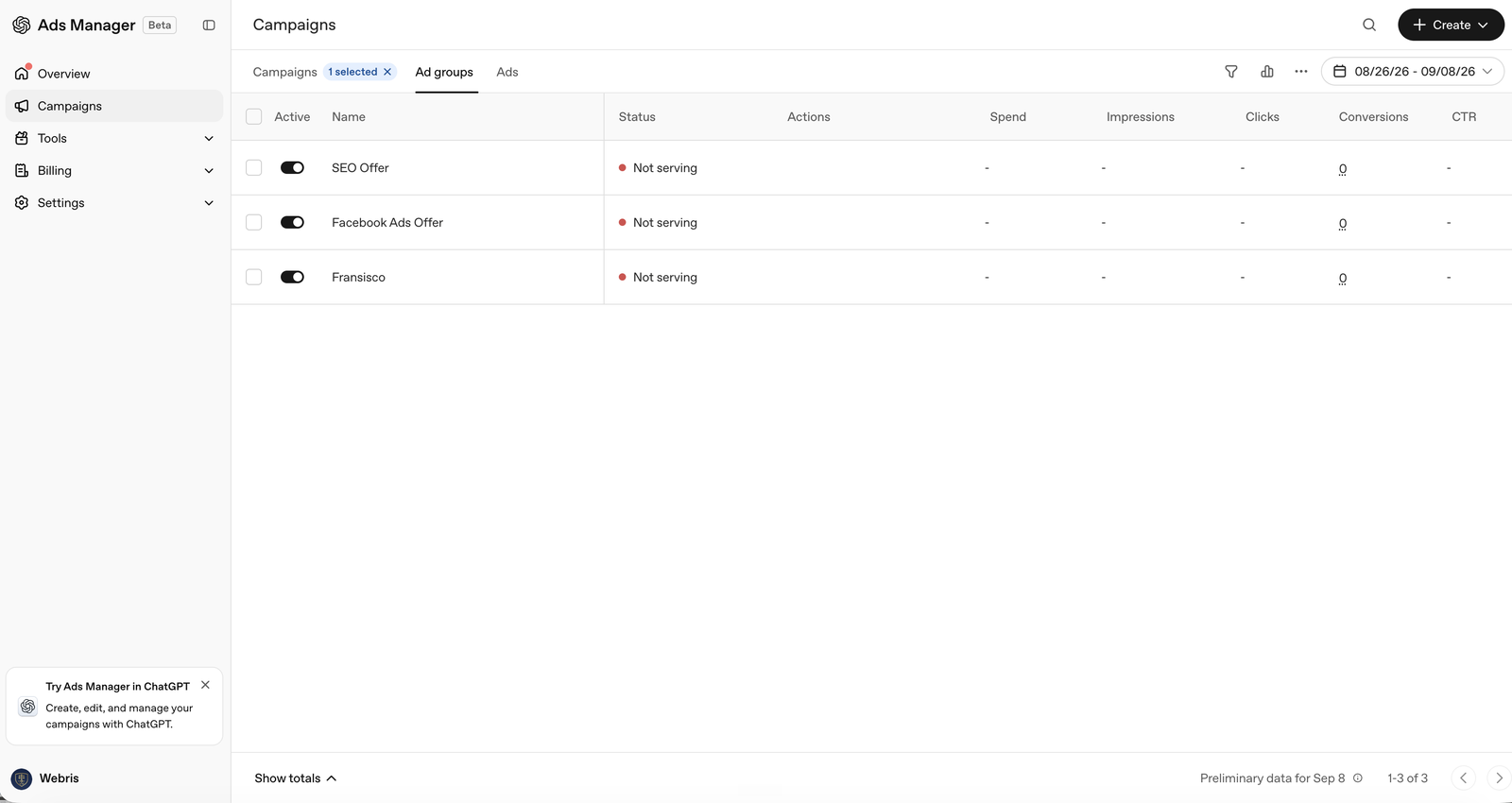 The ChatGPT Ads Manager campaign view inside the WEBRIS account, showing three ad groups