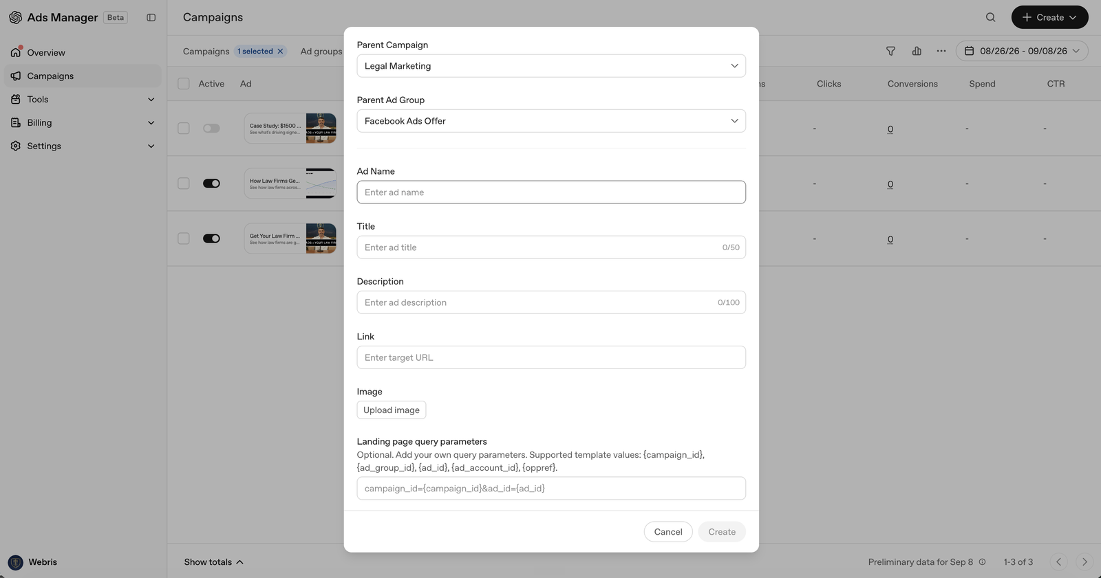 Create Ad form in ChatGPT Ads Manager with fields for parent campaign, parent ad group, ad name, title with 50 character limit, description with 100 character limit, link, image upload, and landing page query parameters