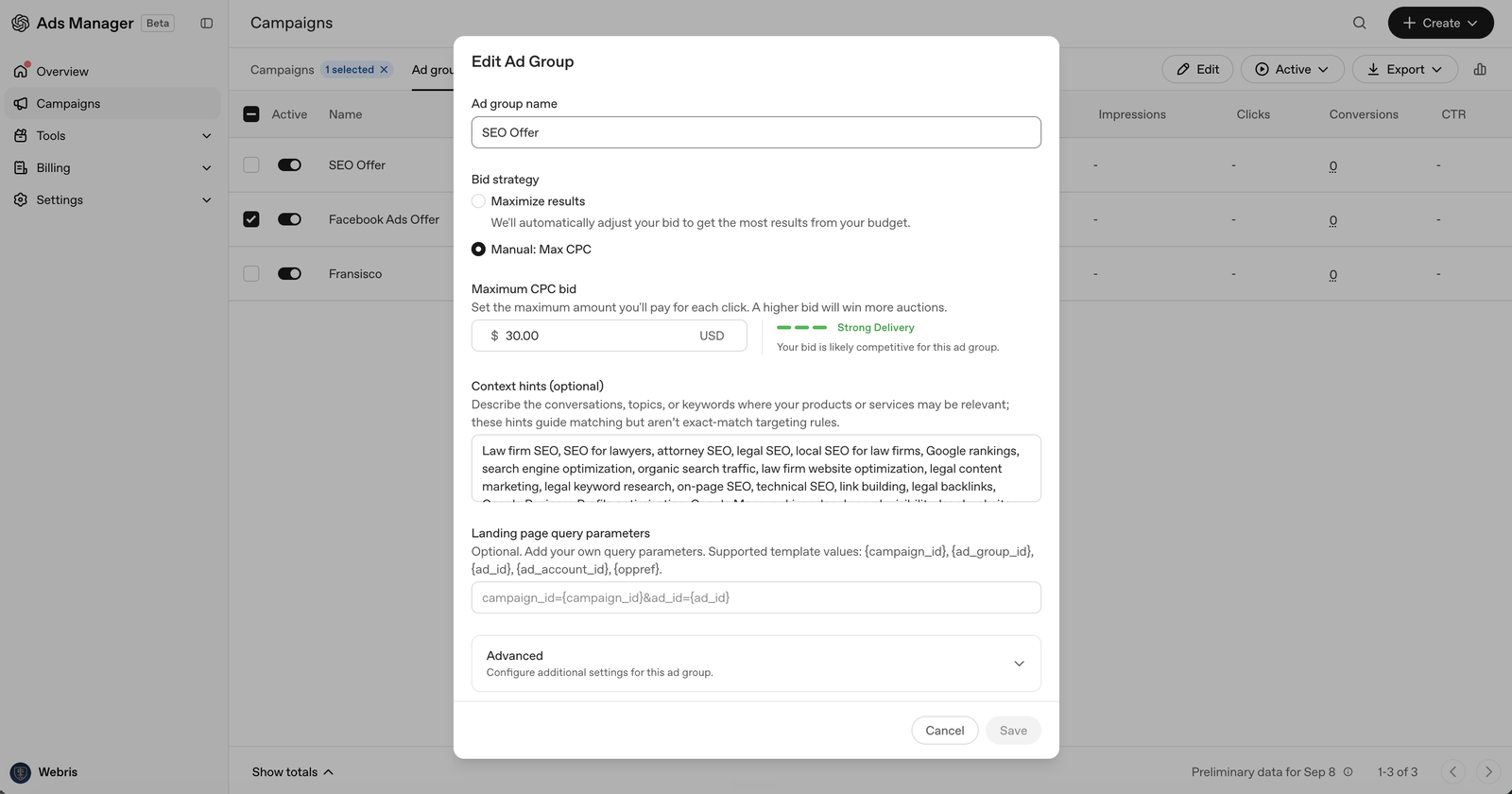 Edit Ad Group screen in ChatGPT Ads Manager showing bid strategy options, a $30 maximum CPC bid rated Strong Delivery, and a context hints text box filled with law firm SEO keywords