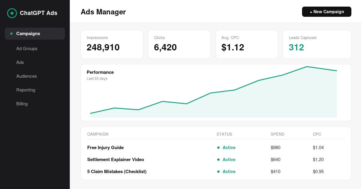 ChatGPT Ads Manager dashboard for law firms