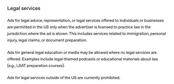 OpenAI's ad policy page showing legal services ads are permitted in the US for licensed attorneys, including personal injury