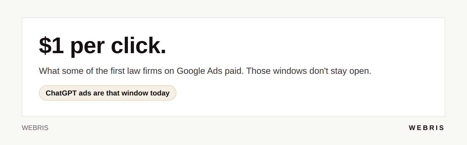 Card about the first-mover advantage early Google advertisers had at $1 per click