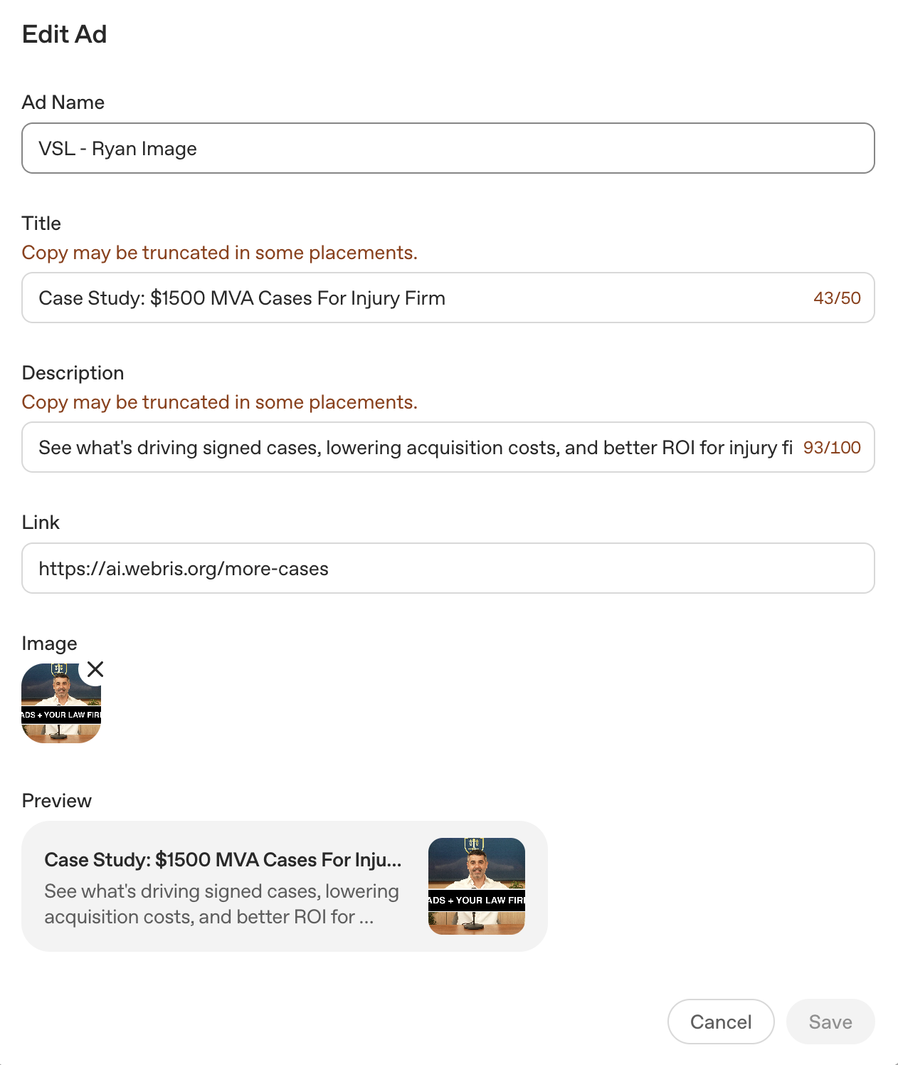 An education-first ChatGPT ad built around a case study instead of a legal-services offer