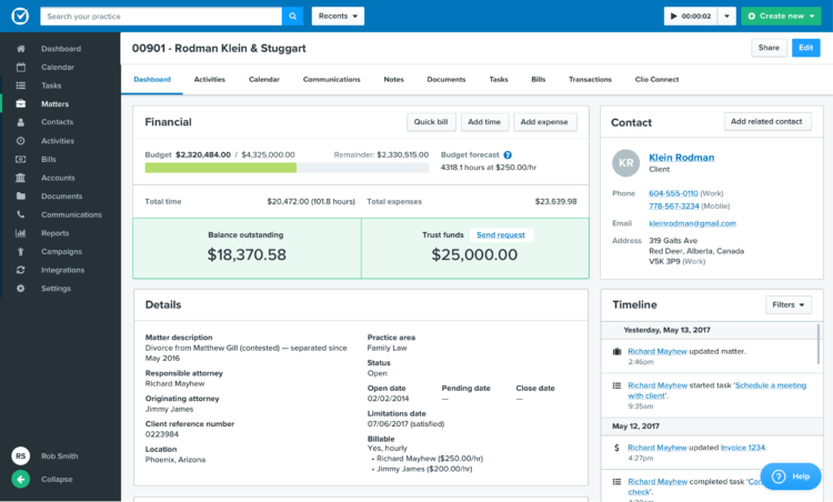 Practice management software client matter detail view with case timeline