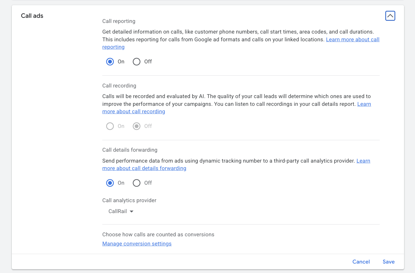 Google Ads account settings, Call ads section, showing call reporting, call recording, call details forwarding and call conversion settings