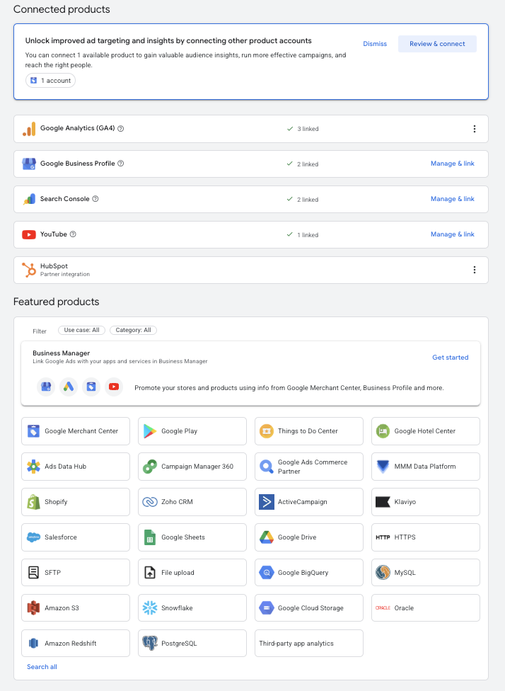 Google Ads Data Manager showing connected products like Google Analytics and HubSpot, plus featured connections such as Salesforce, Zoho CRM, HubSpot, Google Sheets and file upload
