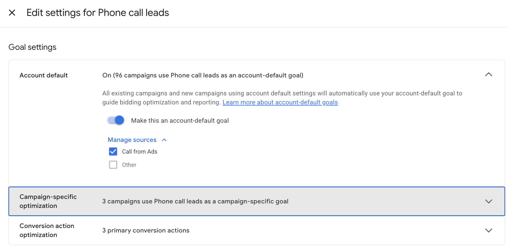 Google Ads goal settings for Phone call leads, showing the Make this an account-default goal toggle switched on, Call from Ads selected as a source, and 3 campaigns using it as a campaign-specific goal