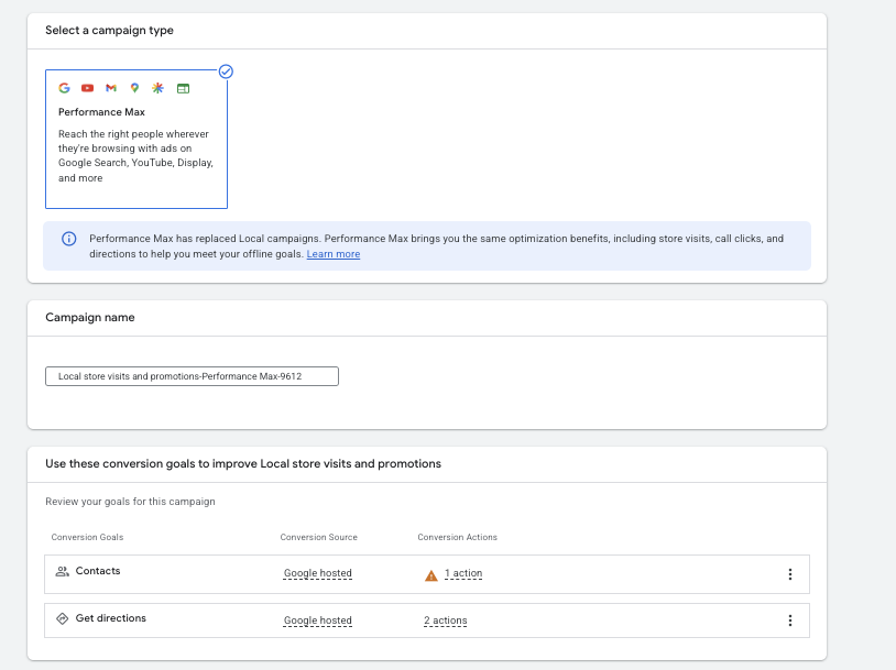 Google Ads Performance Max setup for Local store visits and promotions, showing only Contacts and Get directions as conversion goals, both Google hosted