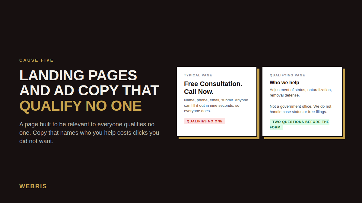 A generic free consultation landing page next to a landing page that states who the firm helps before showing the form