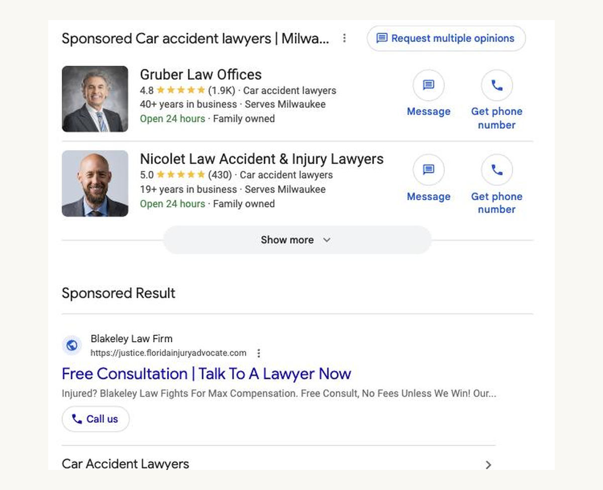 Google search results for car accident lawyer milwaukee with Local Services Ads listed above a single paid search ad