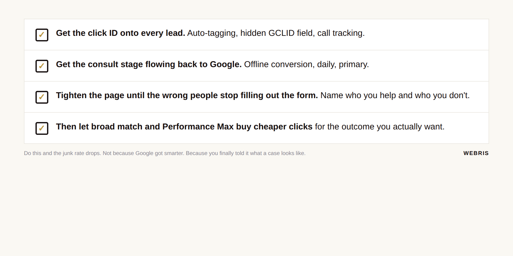 Checklist of the four fixes: click ID on every lead, consult stage sent to Google, qualifying landing page, then broad match and Performance Max