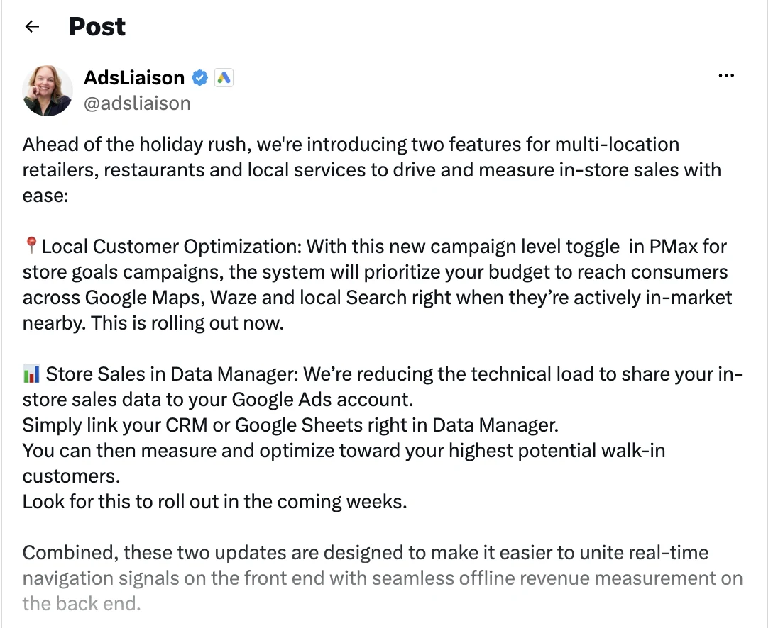 Screenshot of the Google Ads Liaison post announcing Store Sales in Data Manager, which lets advertisers link a CRM or Google Sheets to Google Ads