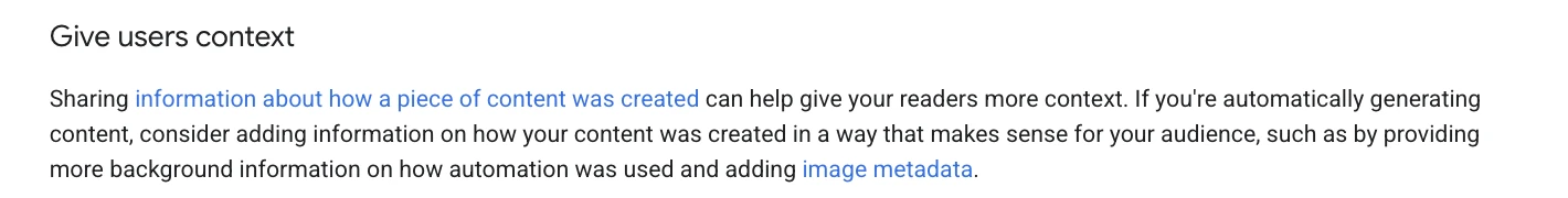 Google guidance suggesting site owners explain how automatically generated content was created