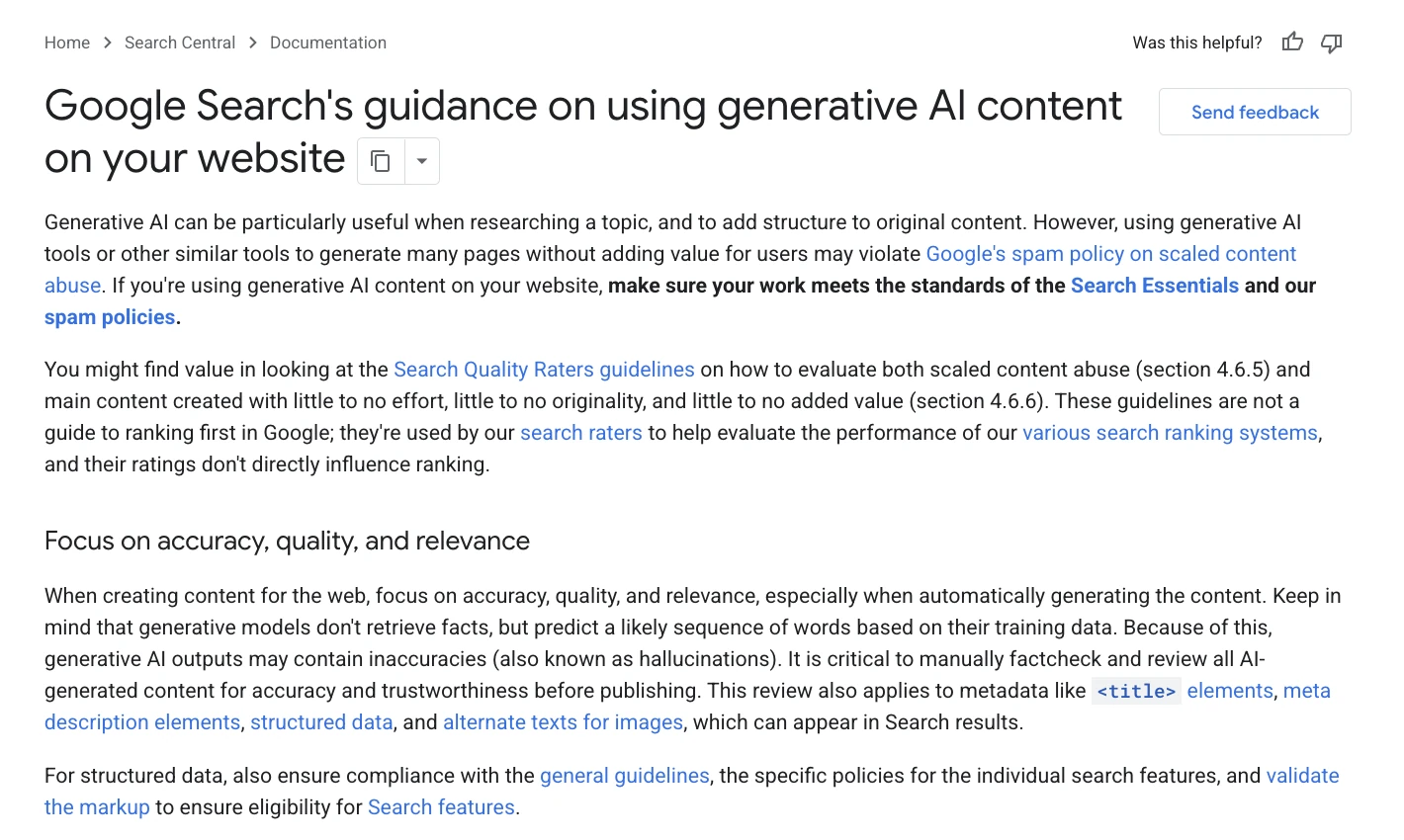 Google Search Central guidance on generative AI content, including the instruction that it is critical to manually fact-check and review all AI-generated content before publishing