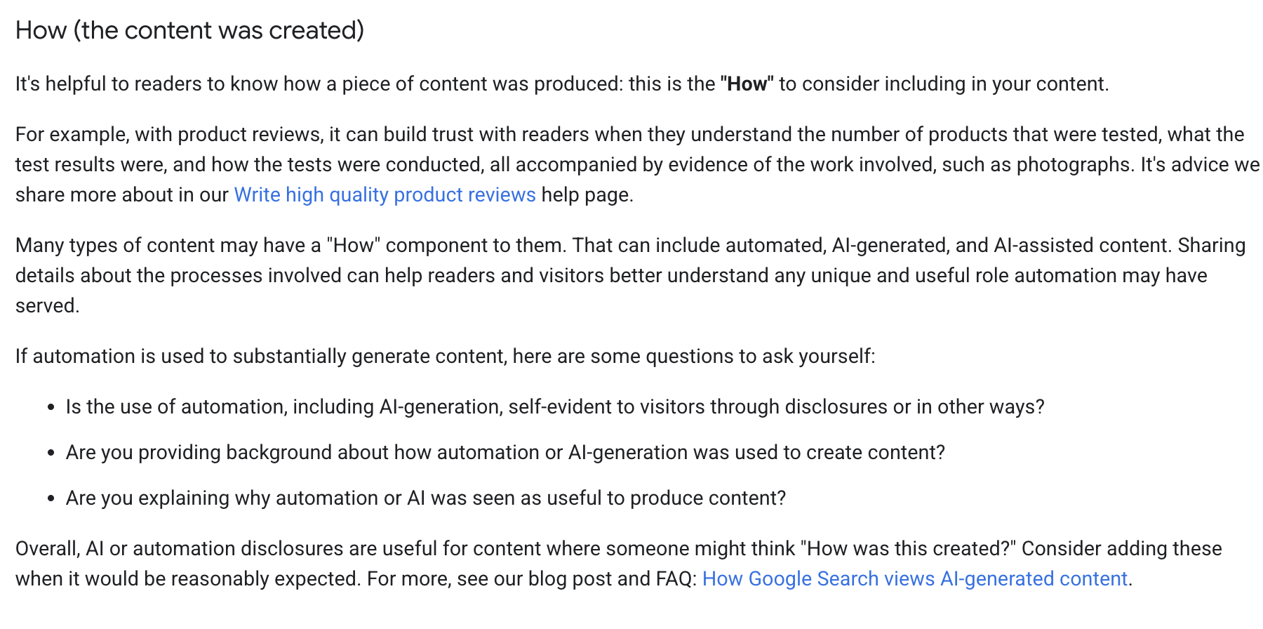 Google's How section with its questions for site owners who use AI or automation to create content