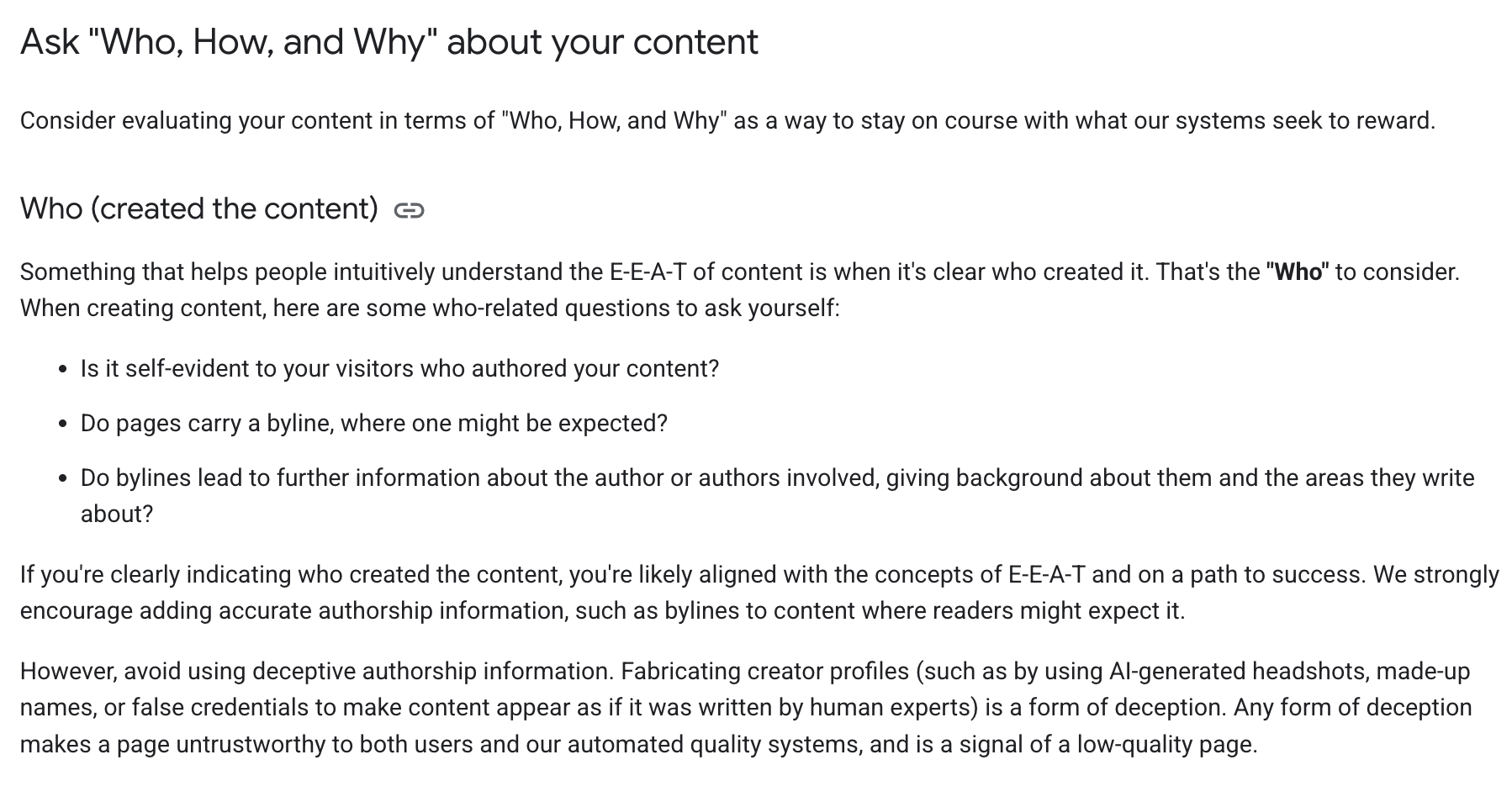 Google Search Central page showing the new paragraph warning against fabricated author profiles below its advice on bylines