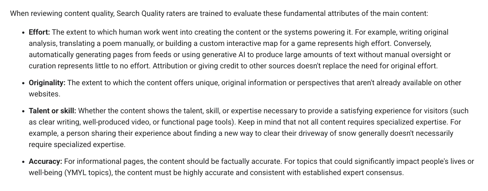 Google helpful content documentation listing effort, originality, talent or skill, and accuracy as the attributes Search Quality raters evaluate