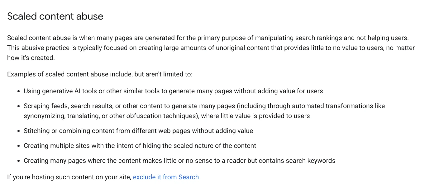 Google spam policy defining scaled content abuse, with examples including using generative AI tools to generate many pages without adding value for users
