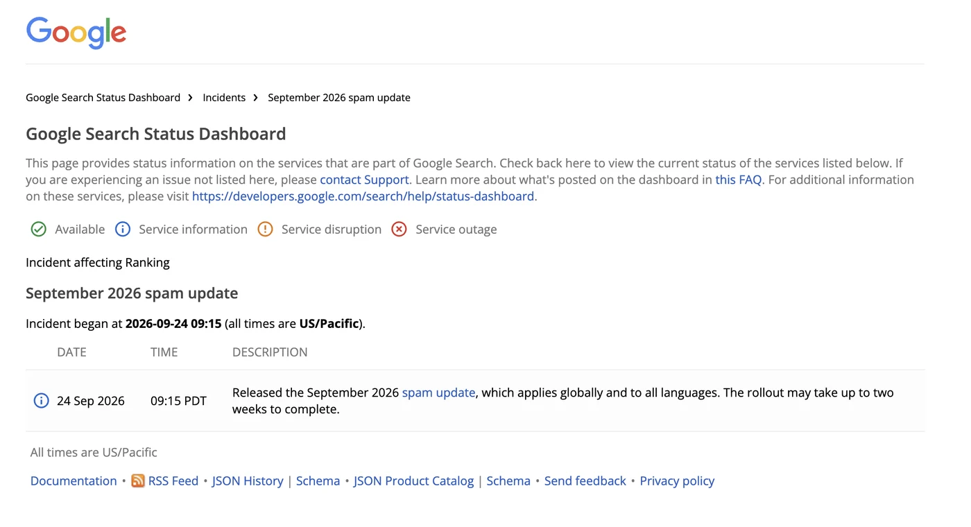 Google Search Status Dashboard incident page for the September 2026 spam update, showing it began 24 Sep 2026 at 09:15 PDT, applies globally and to all languages, and may take up to two weeks to complete