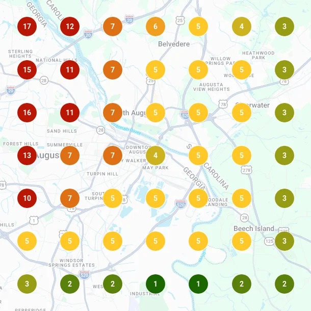 Local Falcon map grid from May 2026 showing Hawk Law Group's Google Maps rank at 49 points around Augusta, with most points ranking between 4 and 17.