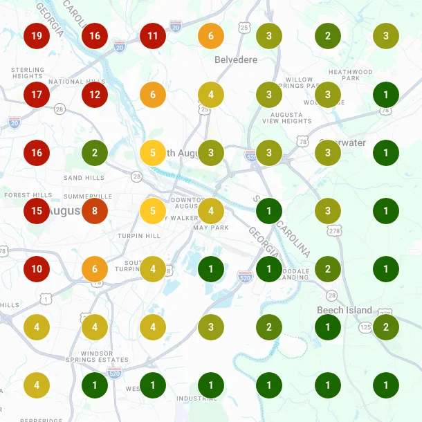 Local Falcon map grid from October 2026 showing Hawk Law Group ranking first at 14 points and in the top three at 28 of 49 points around Augusta.