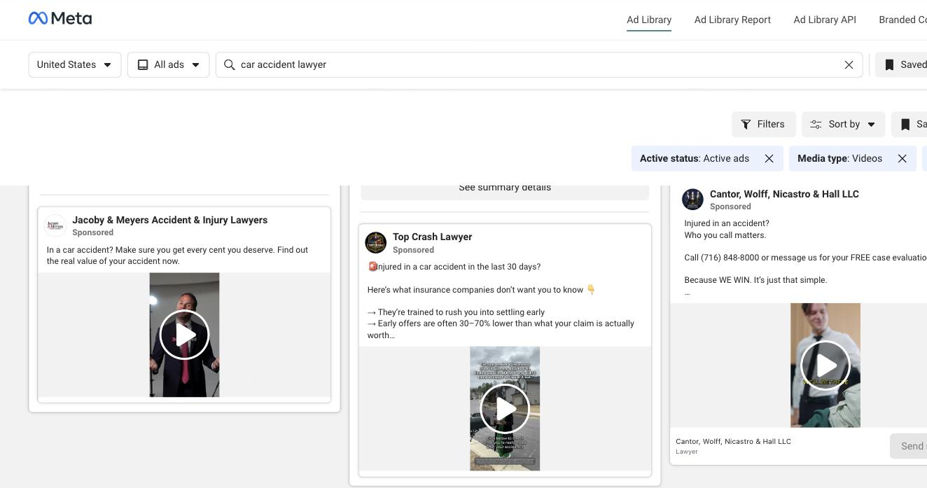 Meta Ad Library search for car accident lawyer showing several law firms running short vertical video ads