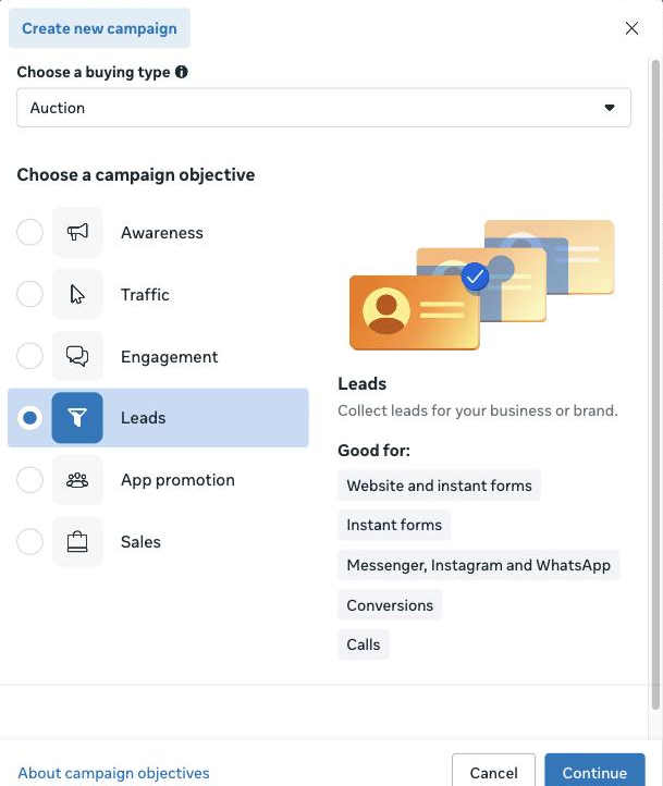 Meta Ads Manager campaign objective screen with the Leads objective selected