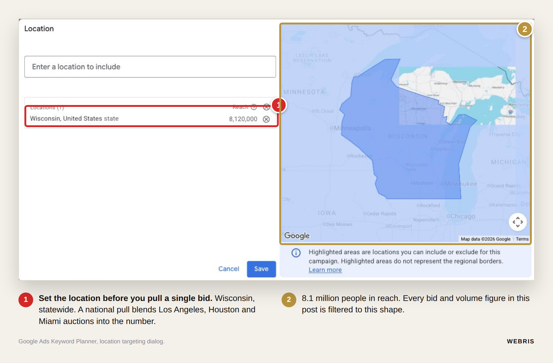 Google Keyword Planner location dialog set to Wisconsin, United States, with the state highlighted on the map