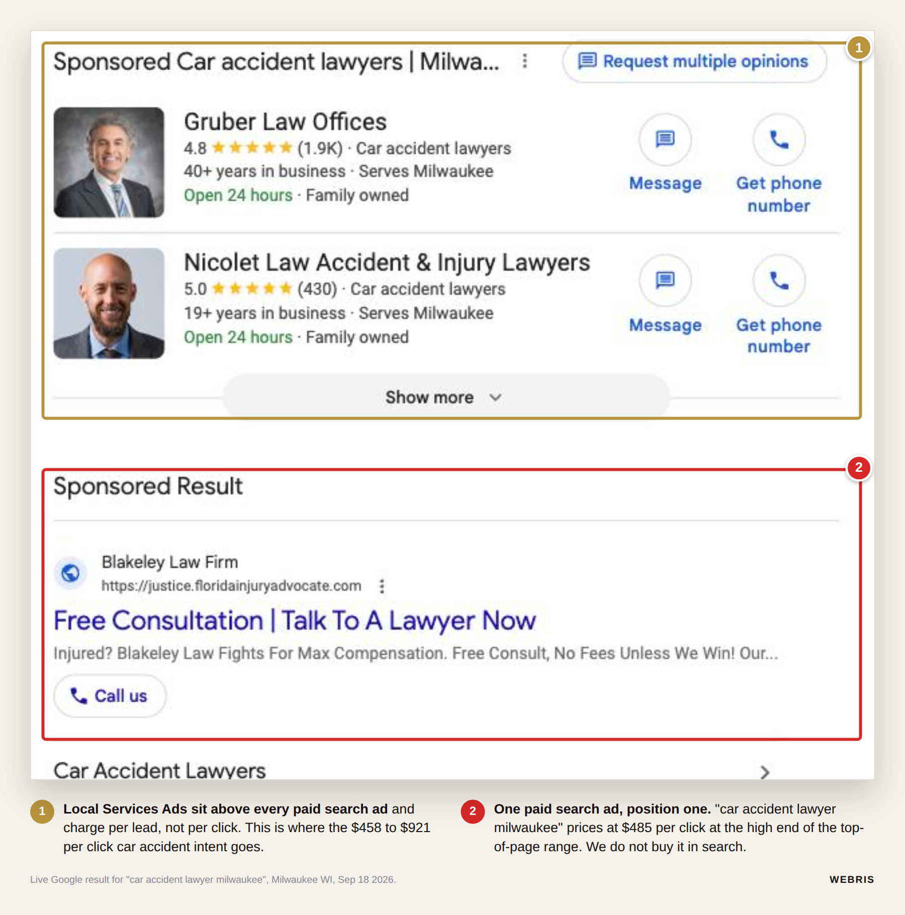 Live Google search result for car accident lawyer milwaukee showing Local Services Ads above a single paid search ad