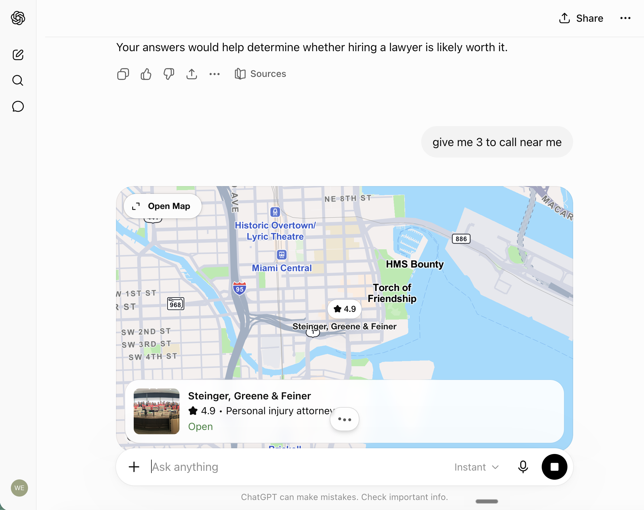 ChatGPT recommending a law firm when asked for lawyers to call nearby