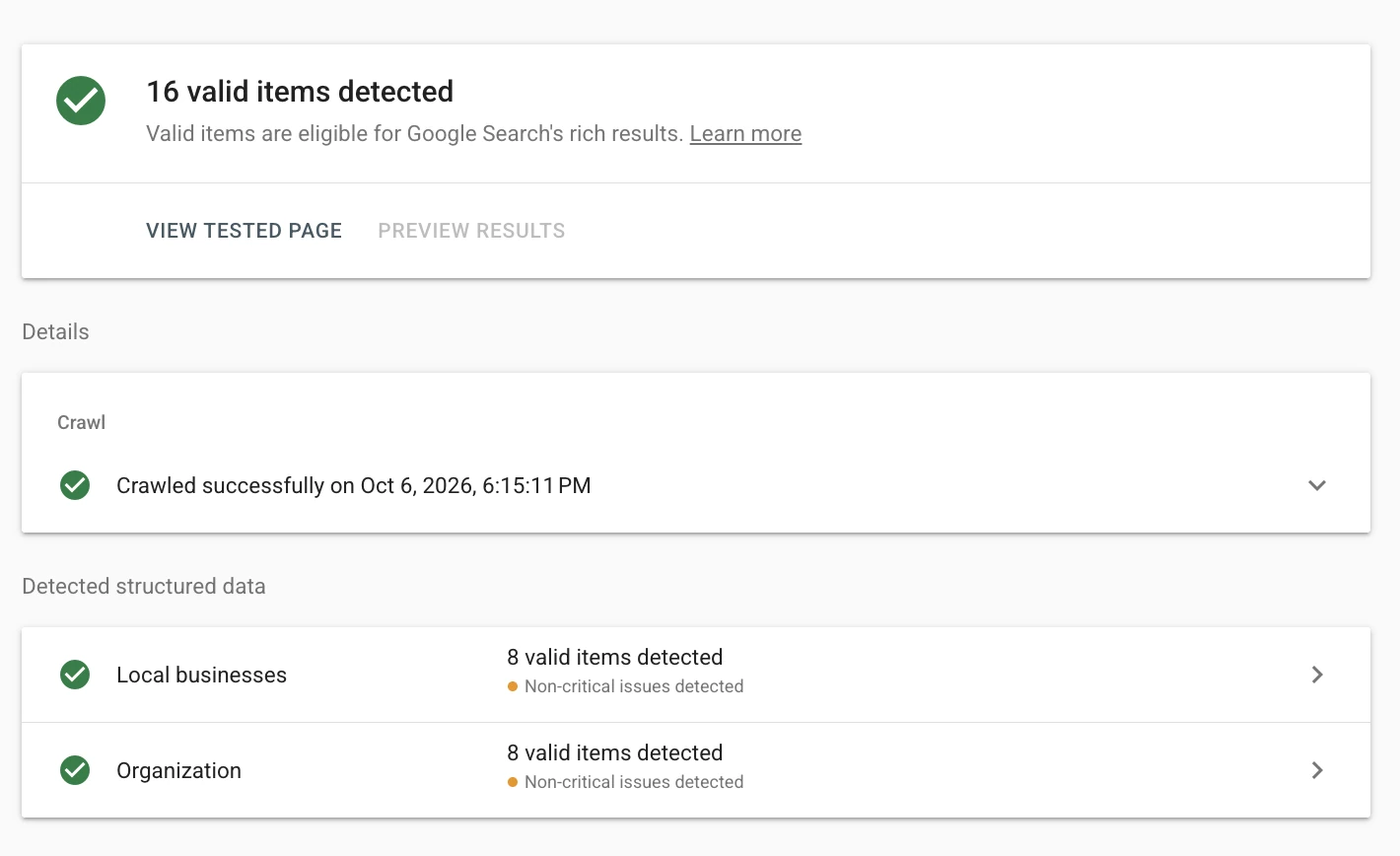 Google Rich Results Test for a law firm homepage showing 16 valid items detected, including local business and organization structured data
