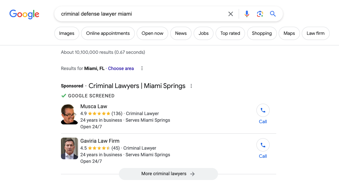 google result for criminal defense law firms